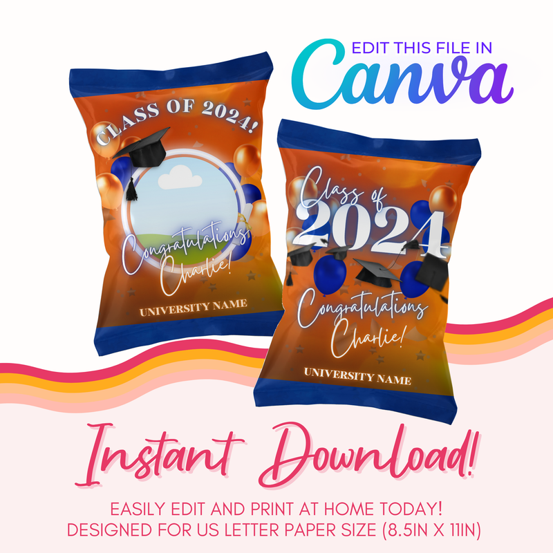 Graduation Chip Bag Canva Template: Orange &amp; Blue