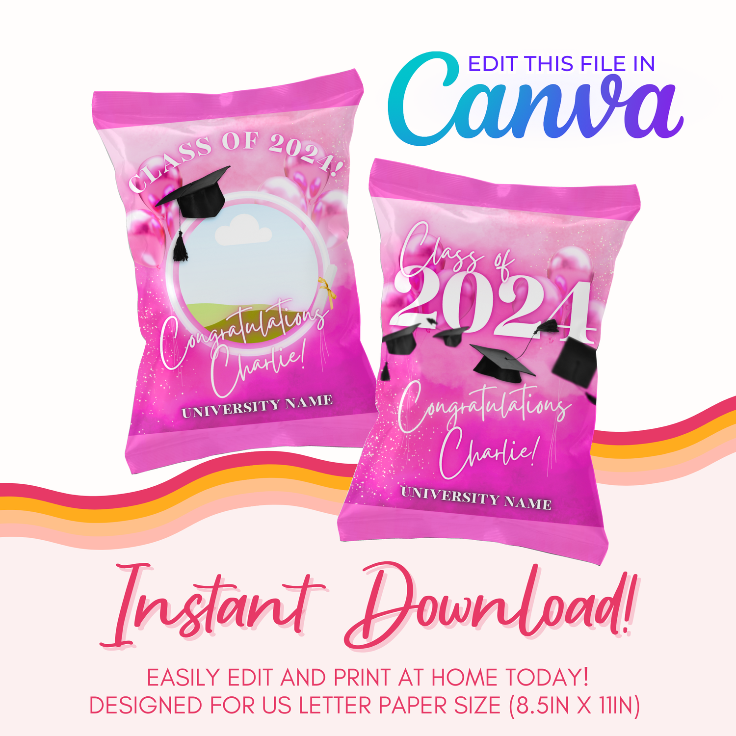 Graduation Chip Bag Canva Template: Hot Pink