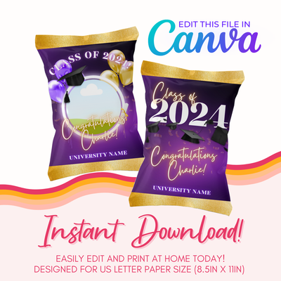 Graduation Chip Bag Canva Template: Purple &amp; Gold
