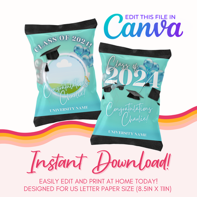 Graduation Chip Bag Canva Template: Turquoise &amp; Black