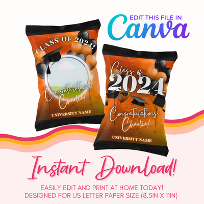 Graduation Chip Bag Canva Template: Orange &amp; Black
