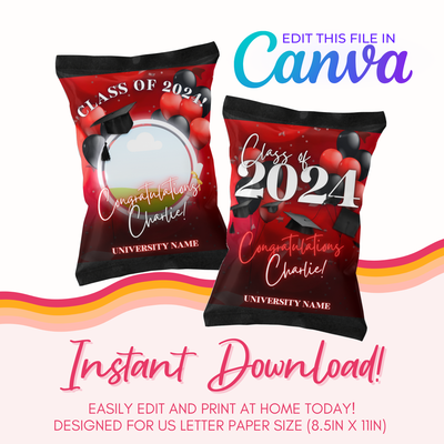 Graduation Chip Bag Canva Template: Red and Black