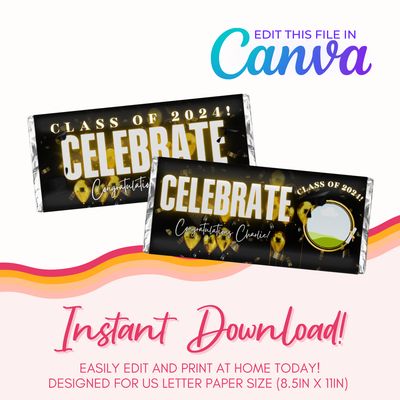 Graduation Chocolate Bar Canva Template: Black &amp; Gold