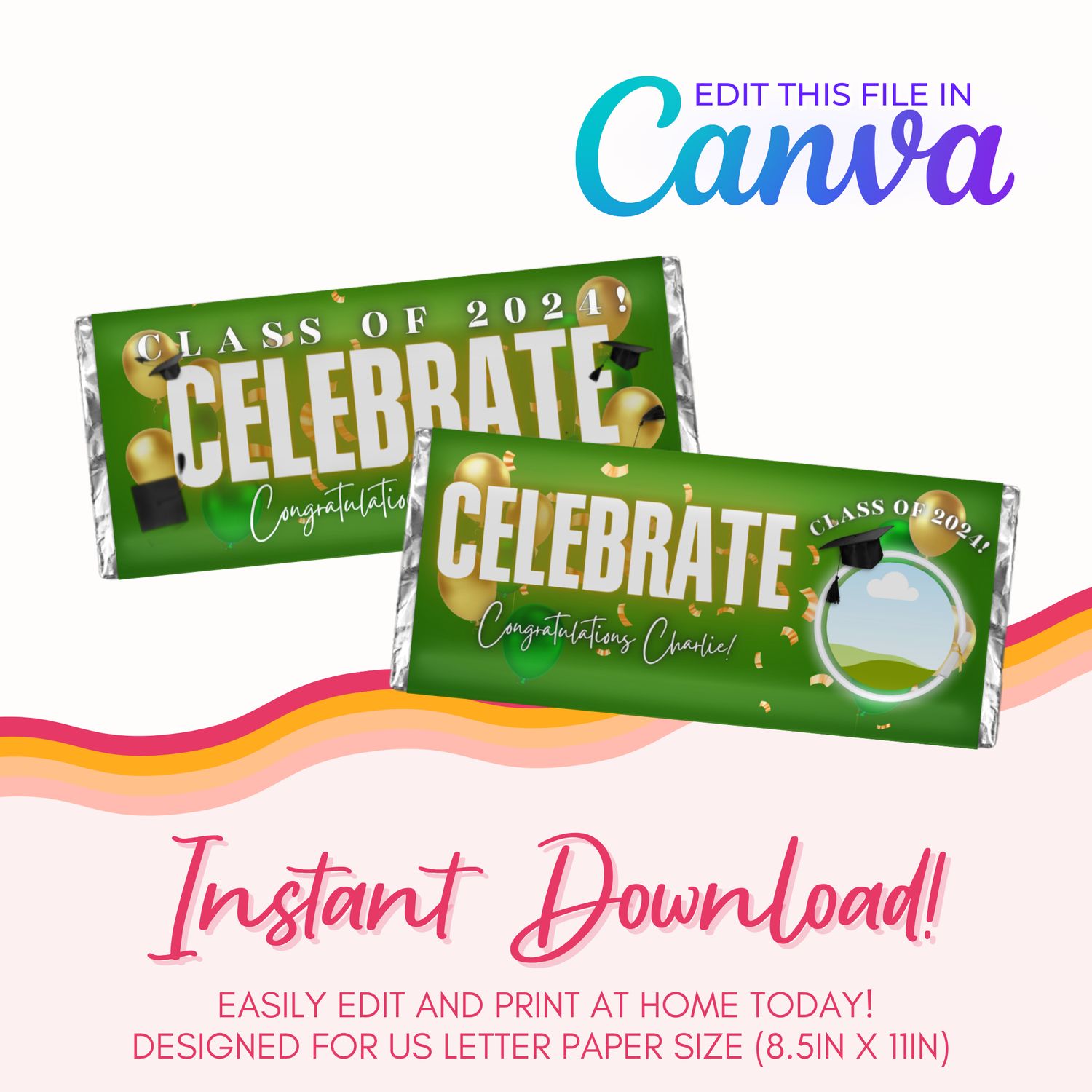 Graduation Chocolate Bar Canva Template: Green &amp; Gold