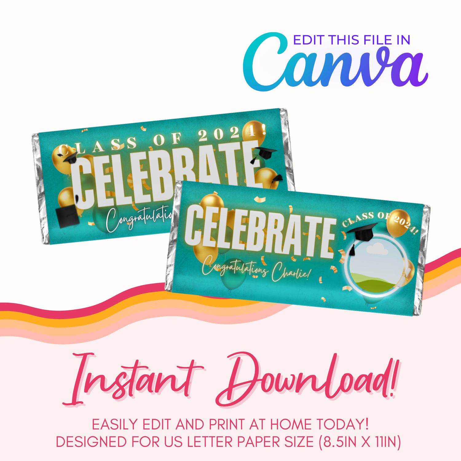 Graduation Chocolate Bar Canva Template: Teal &amp; Gold