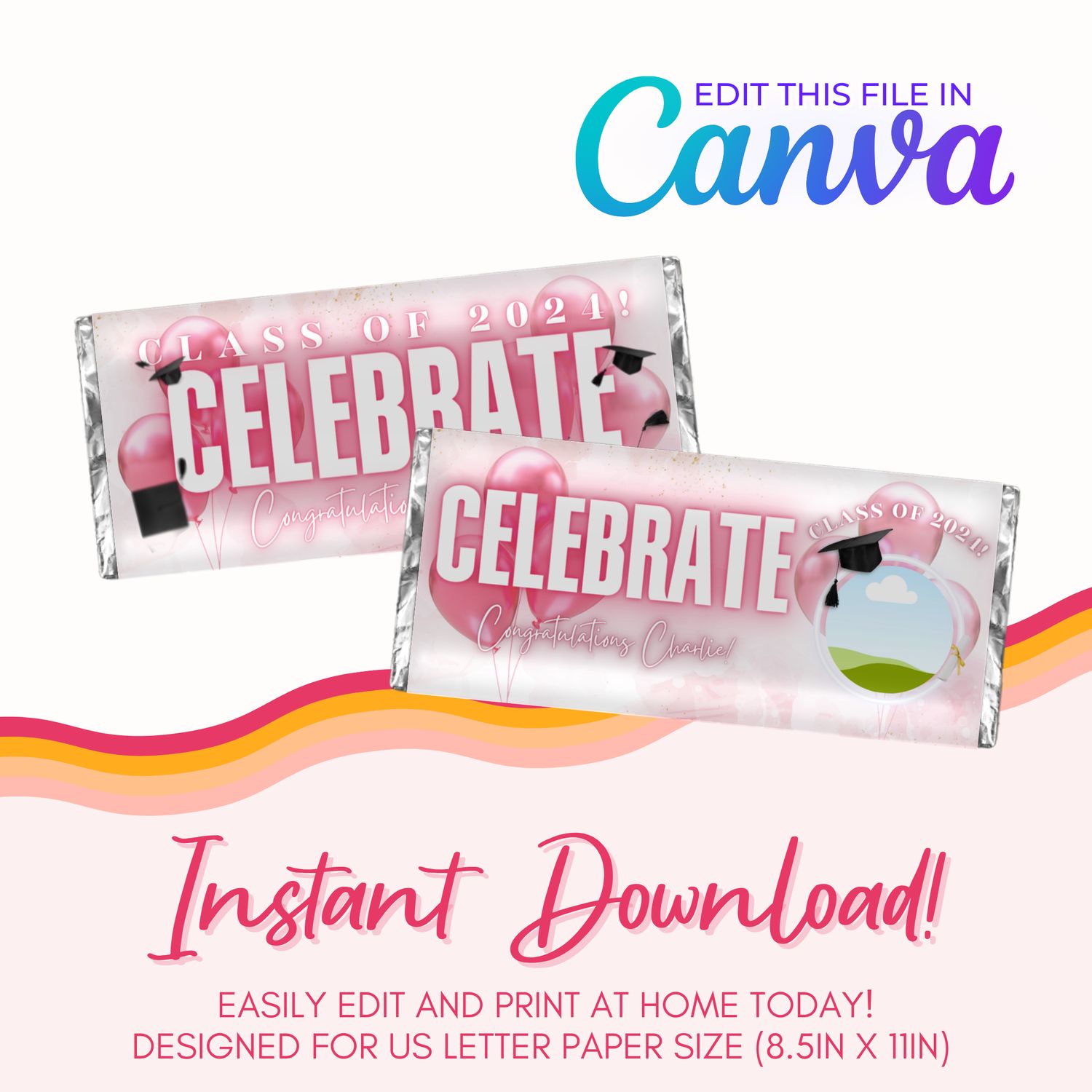 Graduation Chocolate Bar Canva Template: Light Pink &amp; Gold