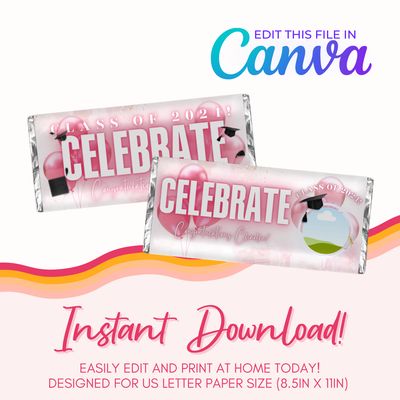 Graduation Chocolate Bar Canva Template: Light Pink &amp; Gold
