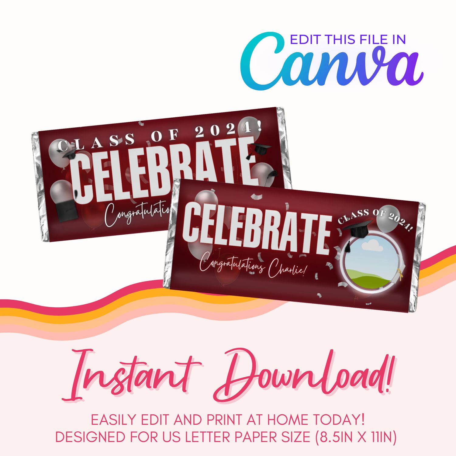 Graduation Chocolate Bar Canva Template: Burgundy &amp; Silver