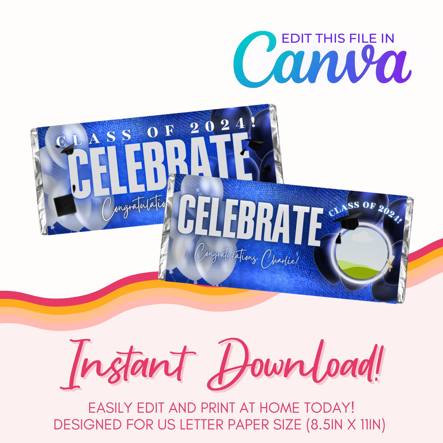 Graduation Chocolate Bar Canva Template: Blue and Silver