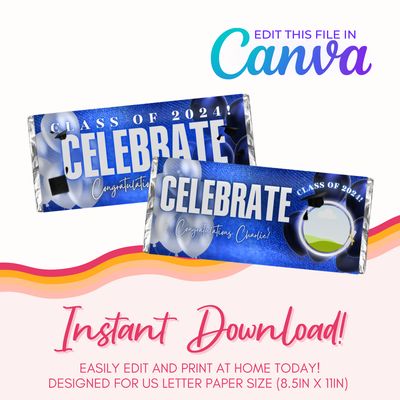 Graduation Chocolate Bar Canva Template: Blue and Silver