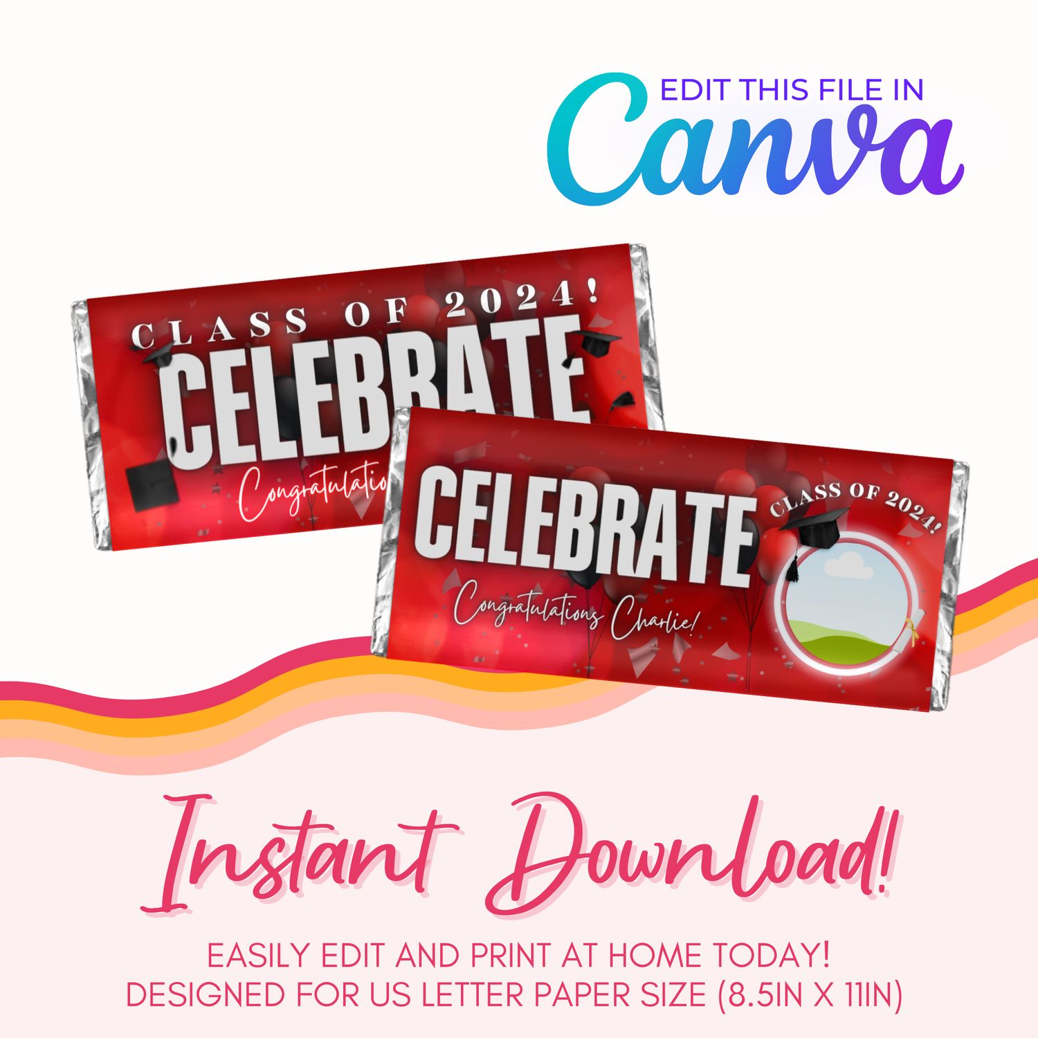 Graduation Chocolate Bar Canva Template: Red and Black