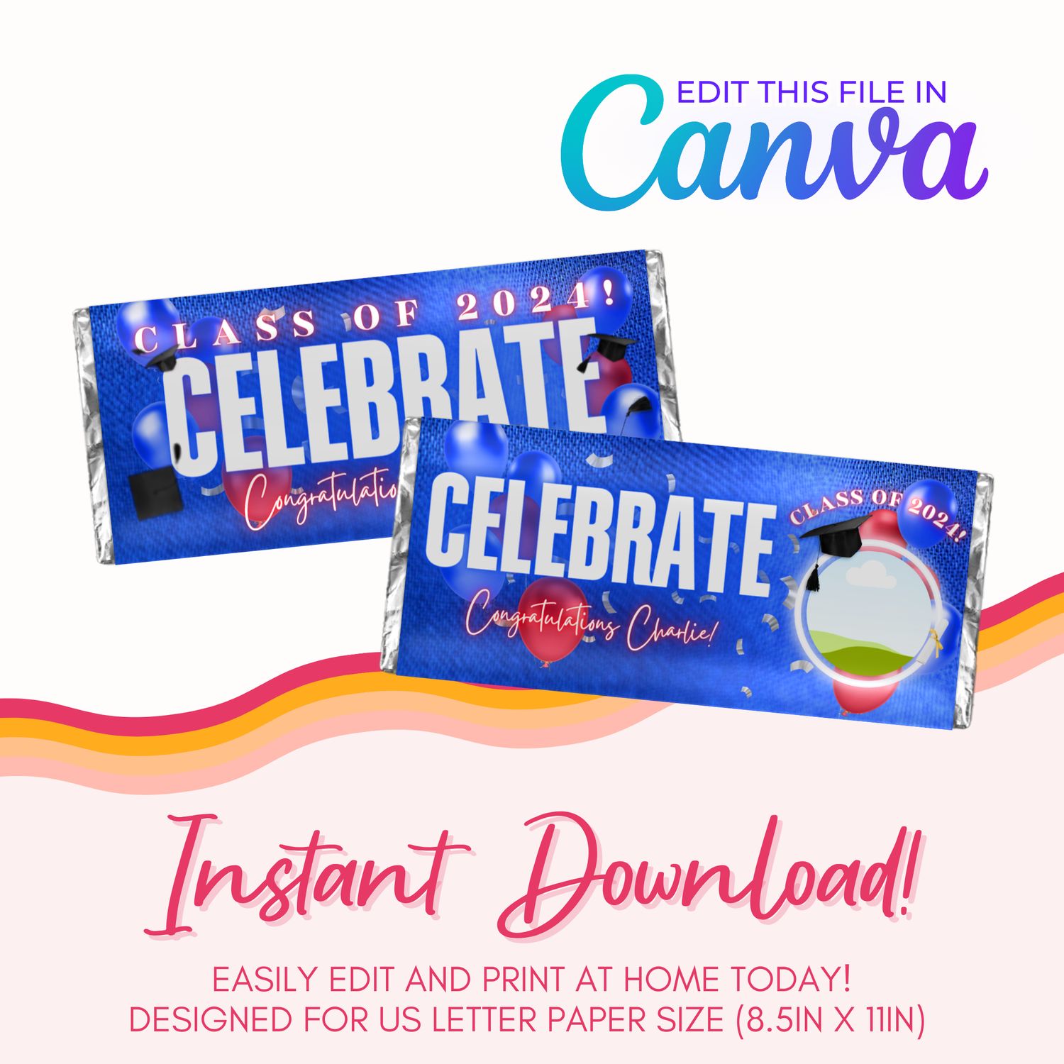 Graduation Chocolate Bar Canva Template: Blue, Red, and Silver