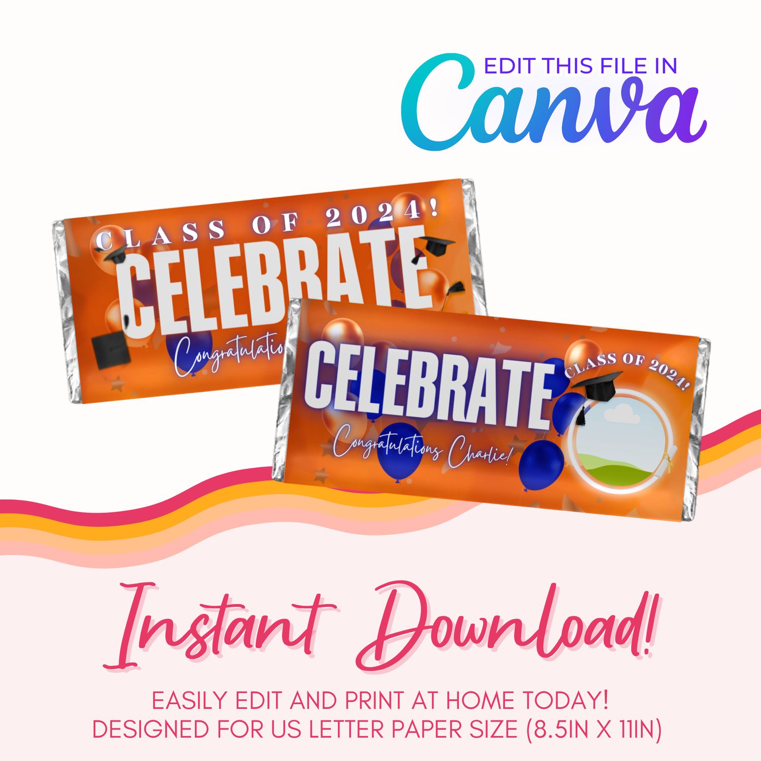 Graduation Chocolate Bar Canva Template: Orange and Blue