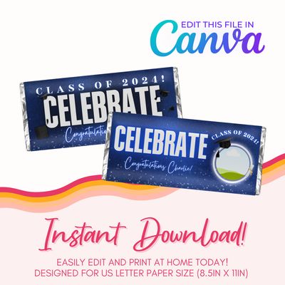 Graduation Chocolate Bar Canva Template: Navy Blue and Silver