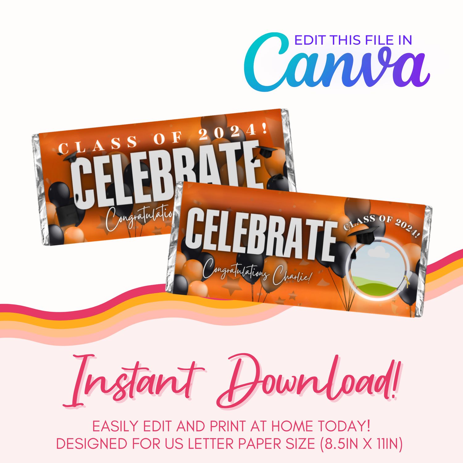 Graduation Chocolate Bar Canva Template: Orange and Black