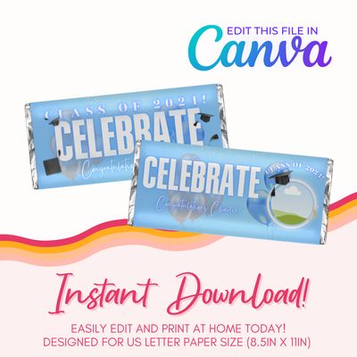 Graduation Chocolate Bar Canva Template: Light Blue and Silver