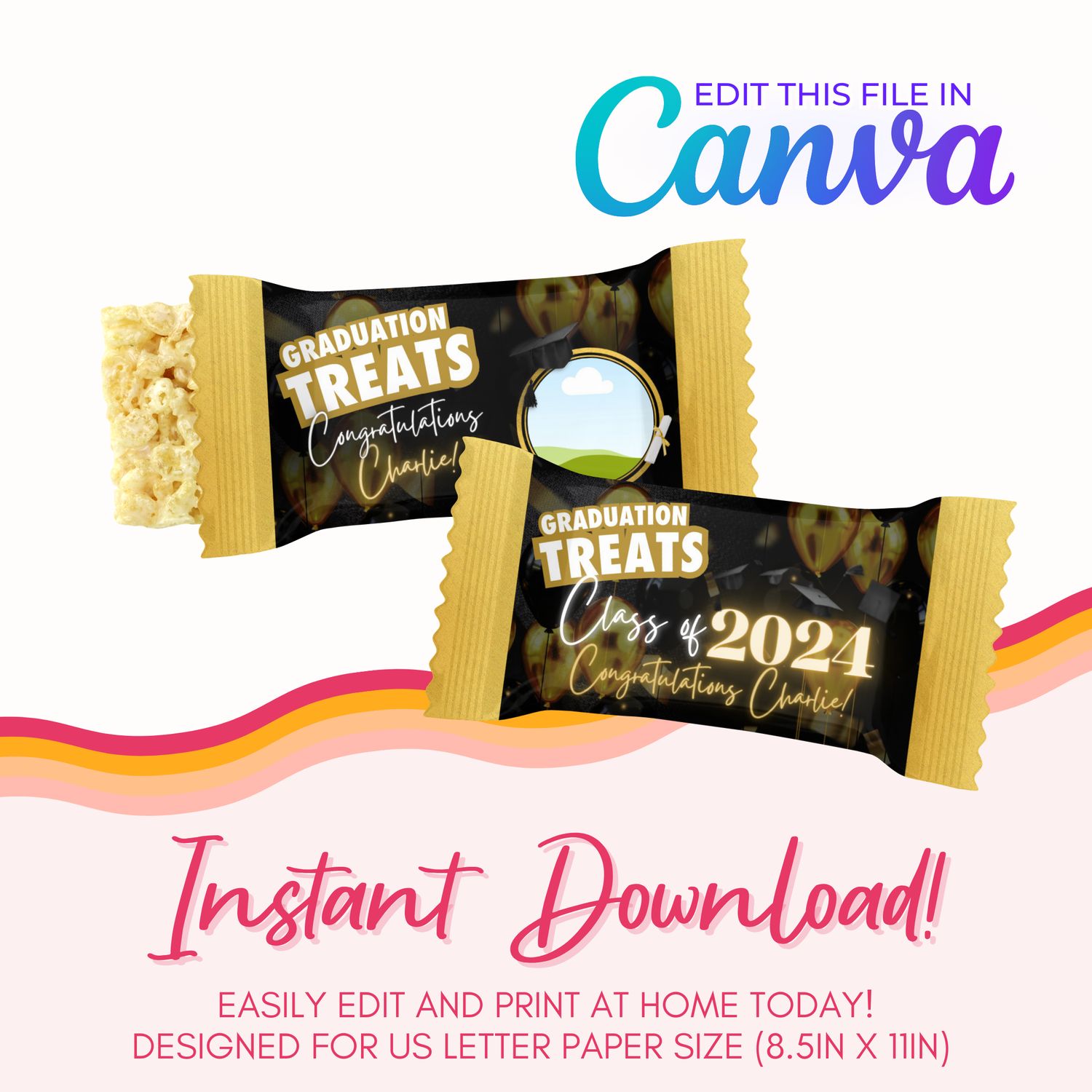 Graduation Marshmallow Treats Canva Template: Black and Gold