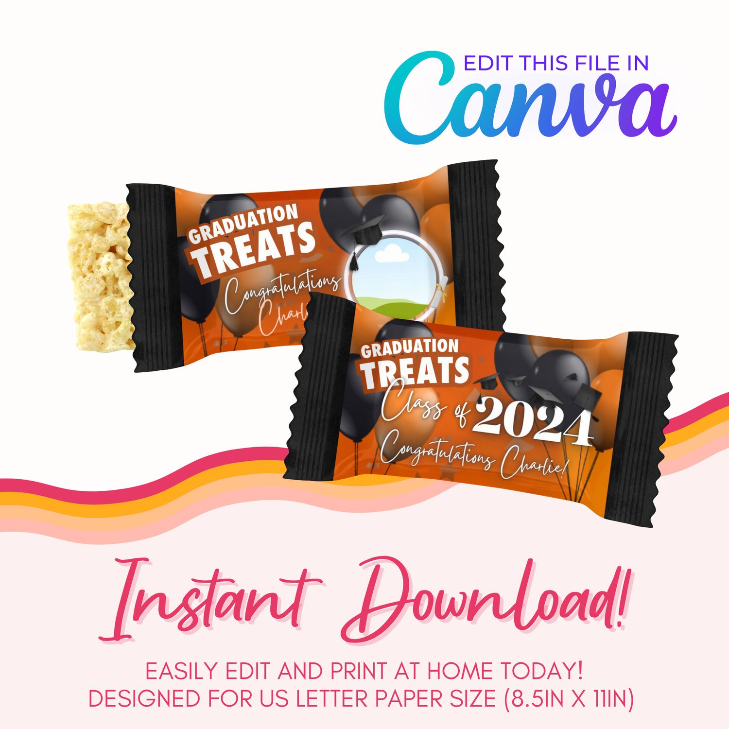 Graduation Marshmallow Treats Canva Template: Orange and Black