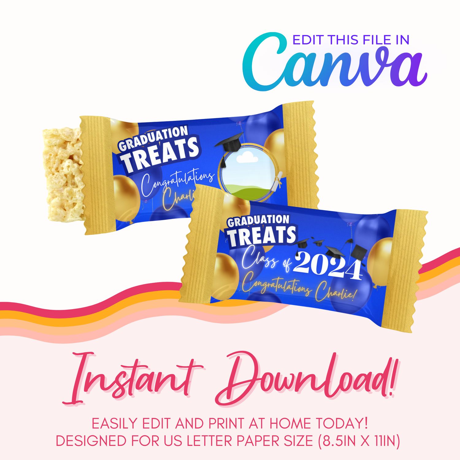 Graduation Marshmallow Treats Canva Template: Blue and Gold