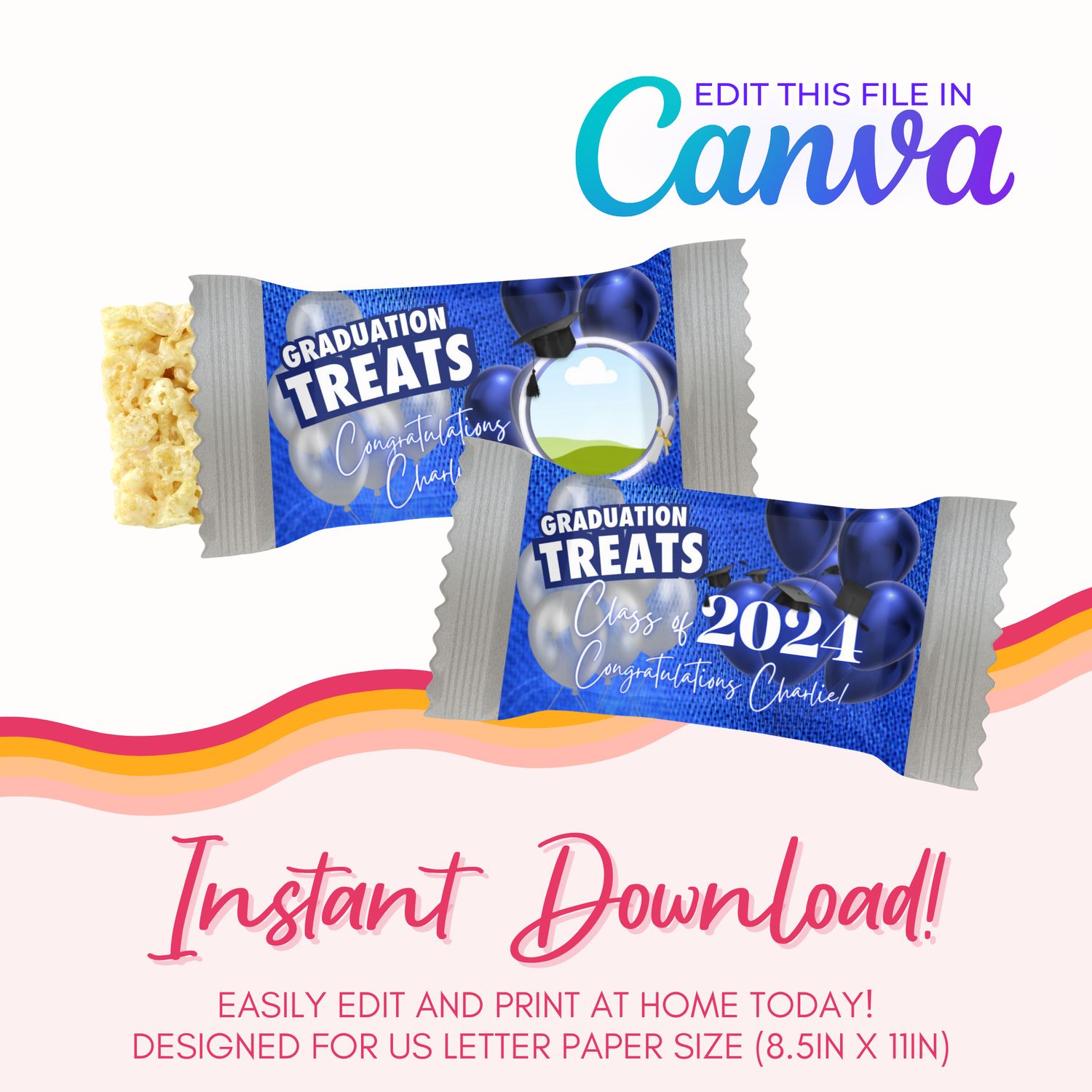 Graduation Marshmallow Treats Canva Template: Blue and Silver