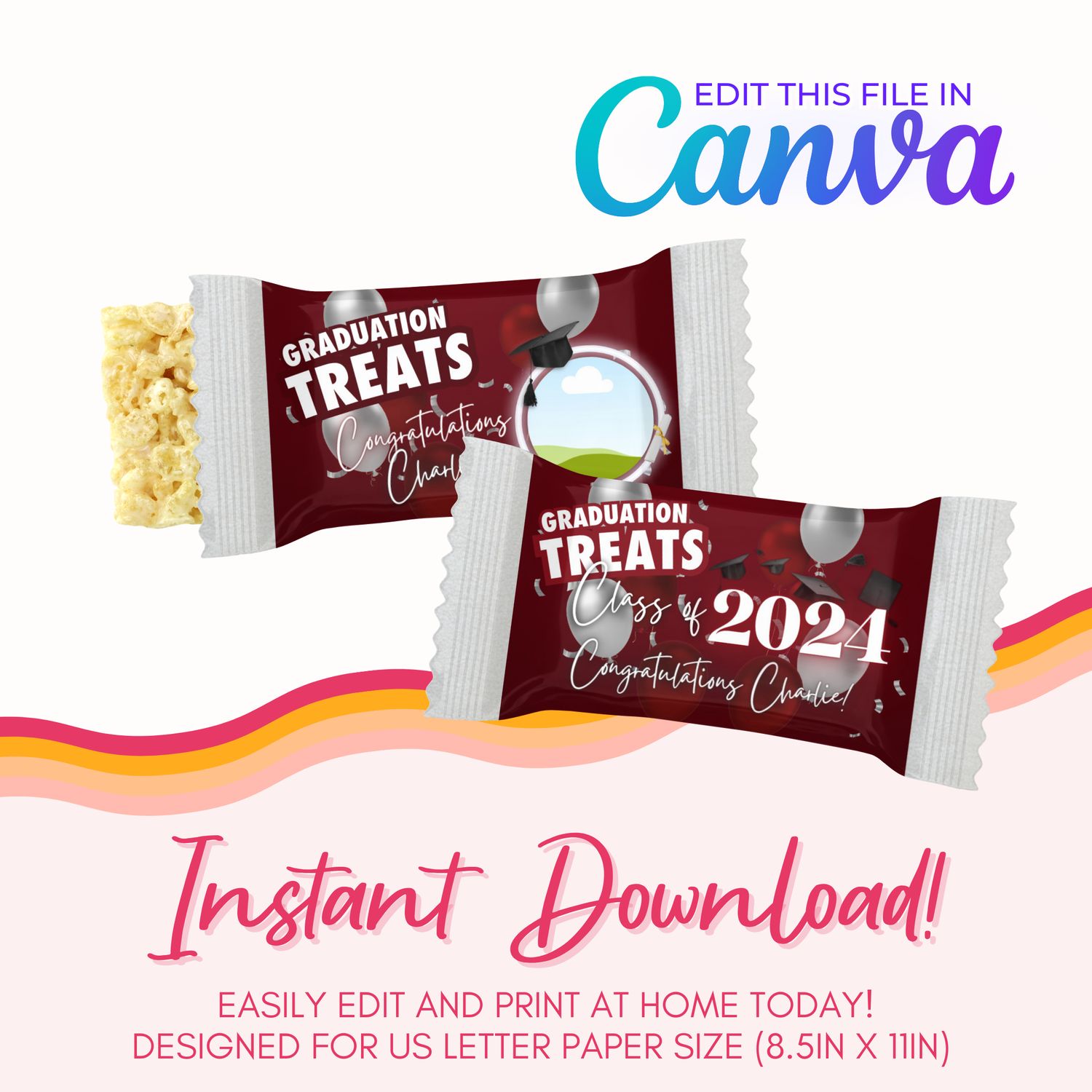 Graduation Marshmallow Treats Canva Template: Burgundy and Silver
