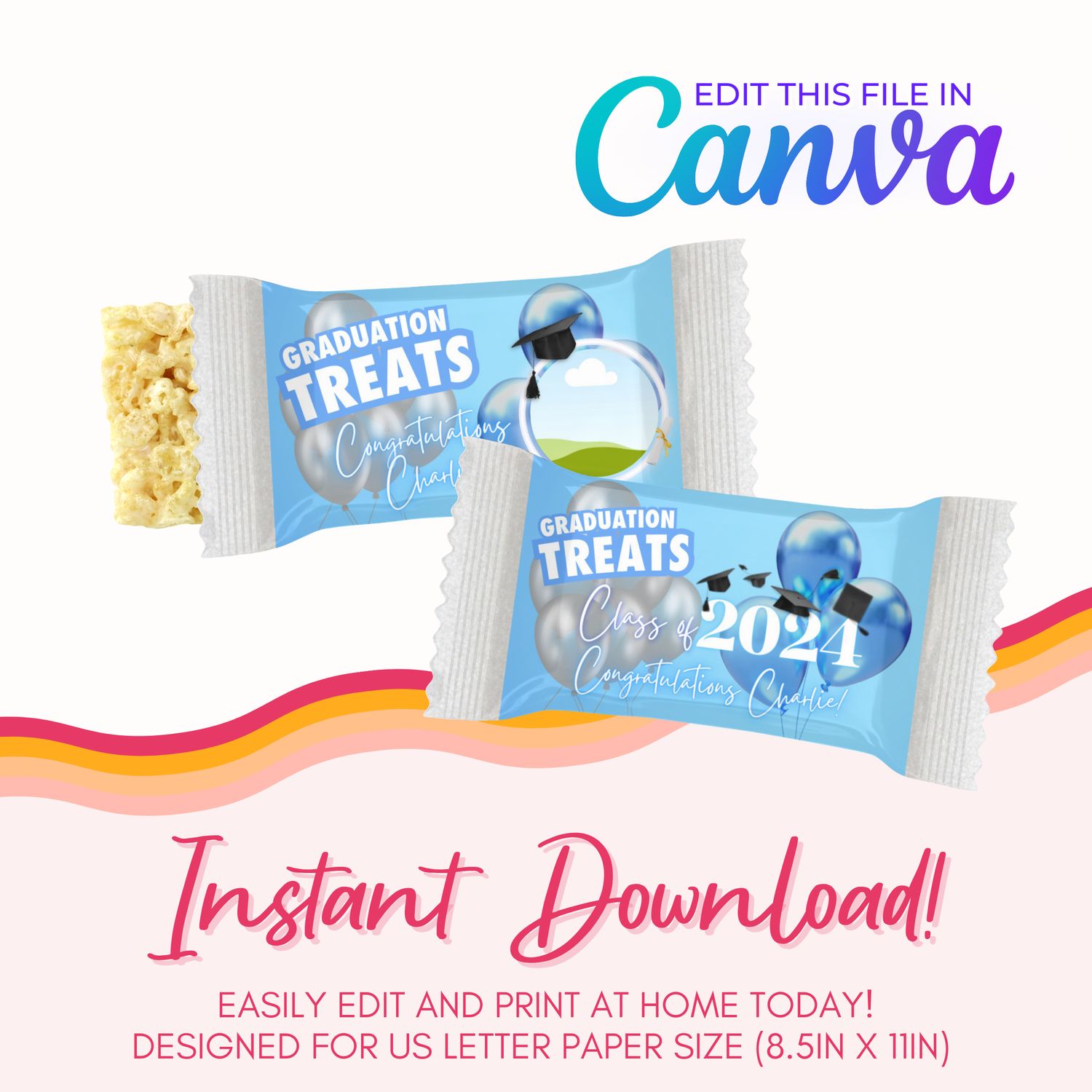 Graduation Marshmallow Treats Canva Template: Blue and Silver