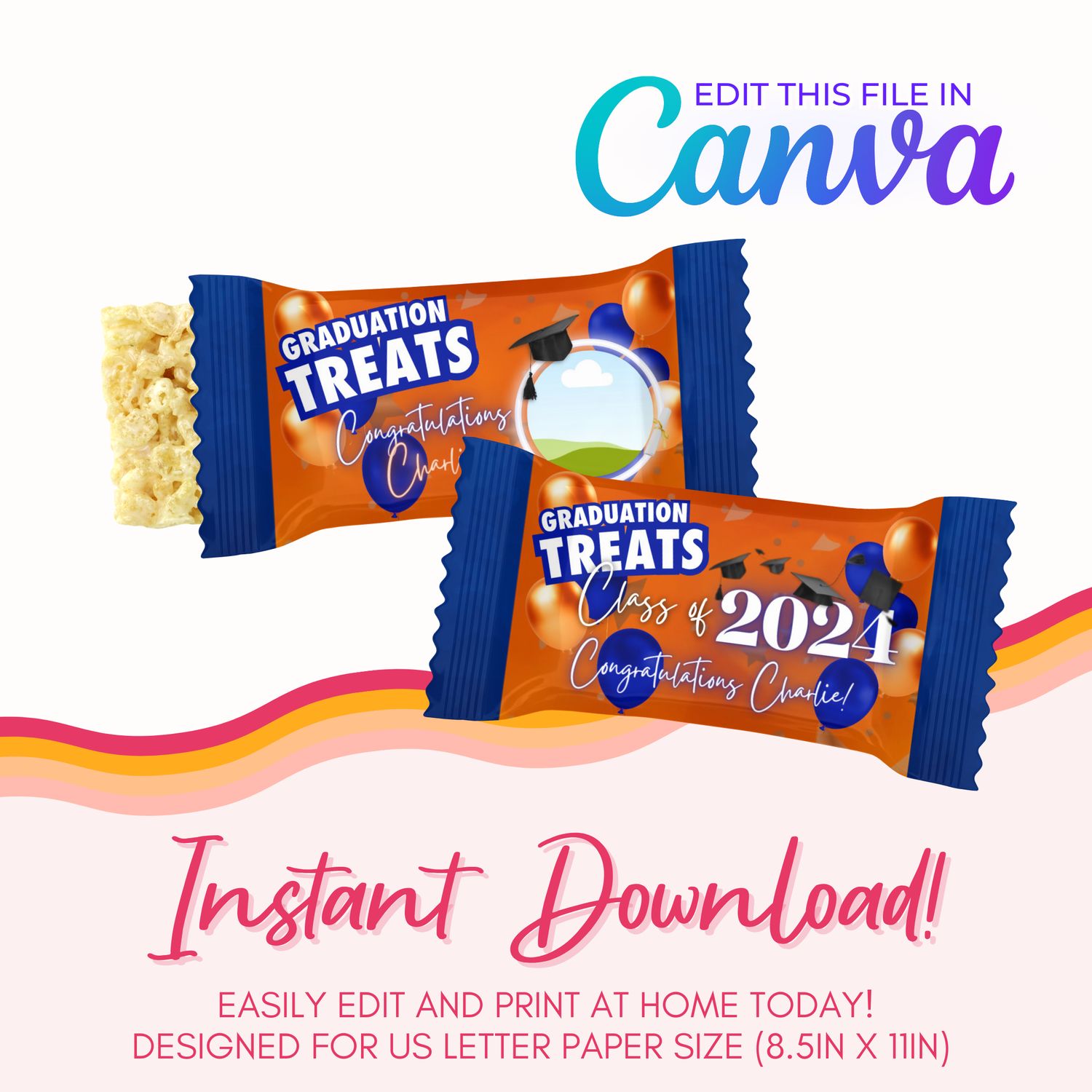 Graduation Marshmallow Treats Canva Template: Orange and Blue