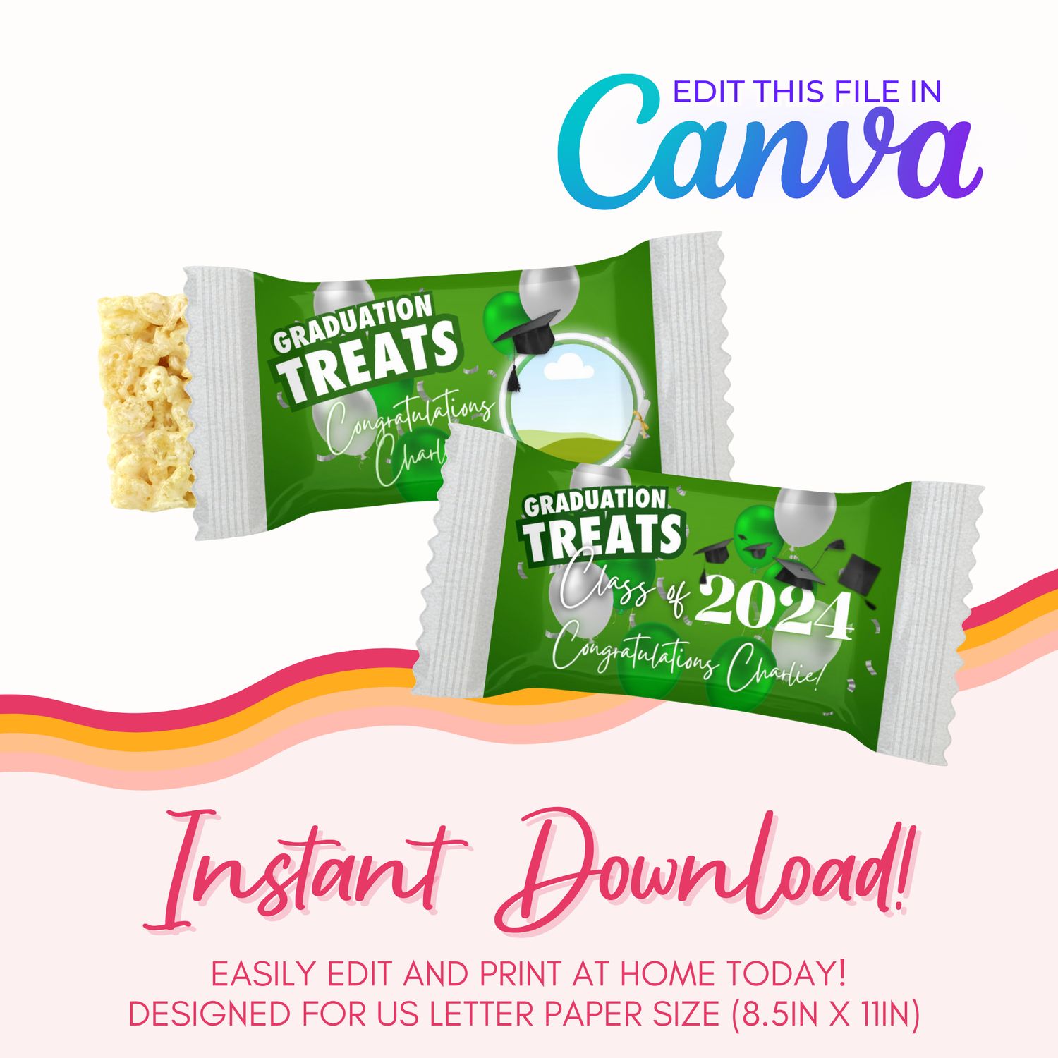 Graduation Marshmallow Treats Canva Template: Green and Silver