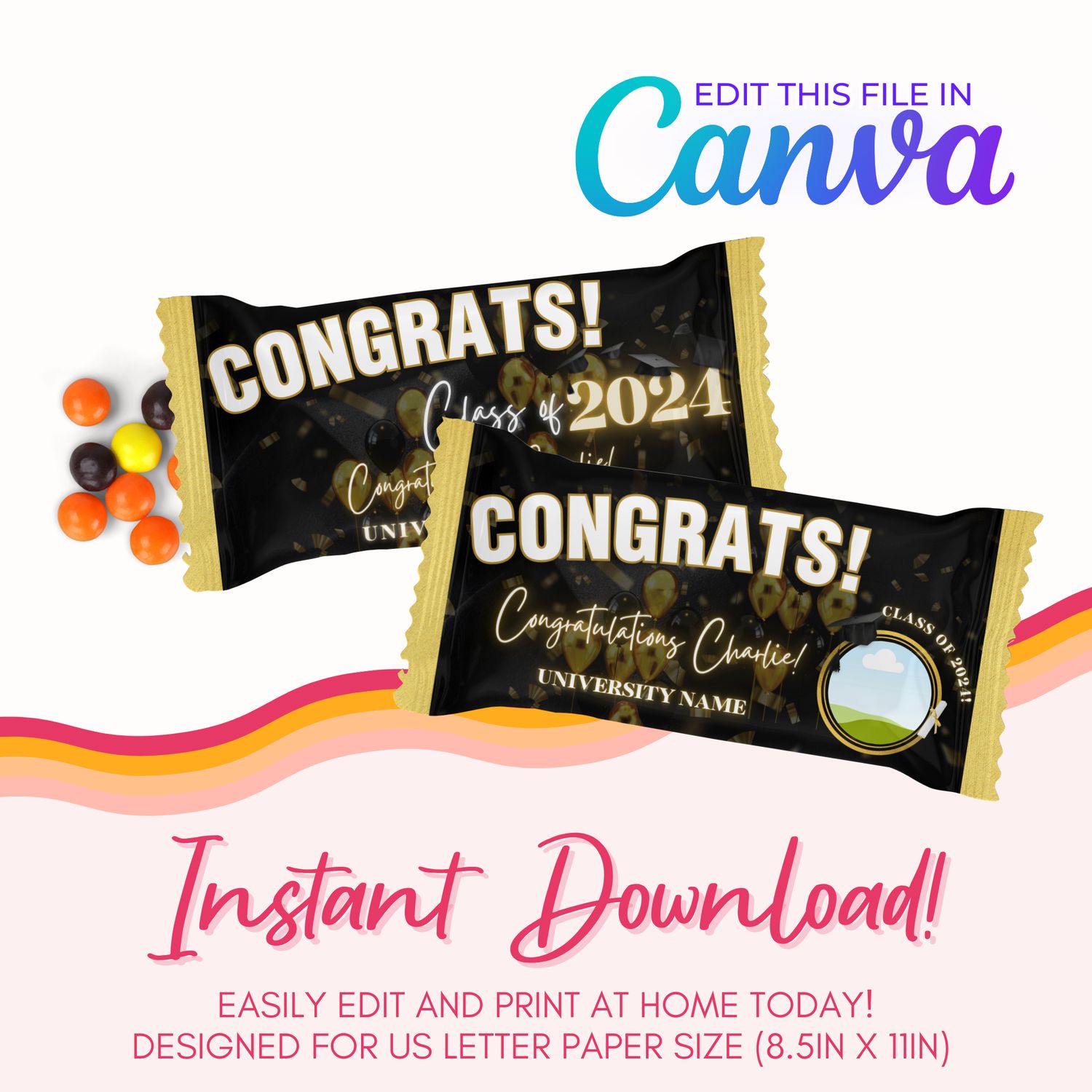 Graduation Rainbow Candy Canva Template: Black and Gold