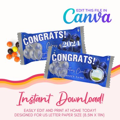 Graduation Rainbow Candy Canva Template: Blue and Silver