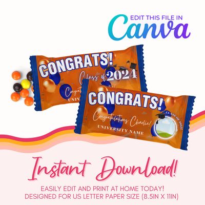 Graduation Rainbow Candy Canva Template: Orange &amp; Blue