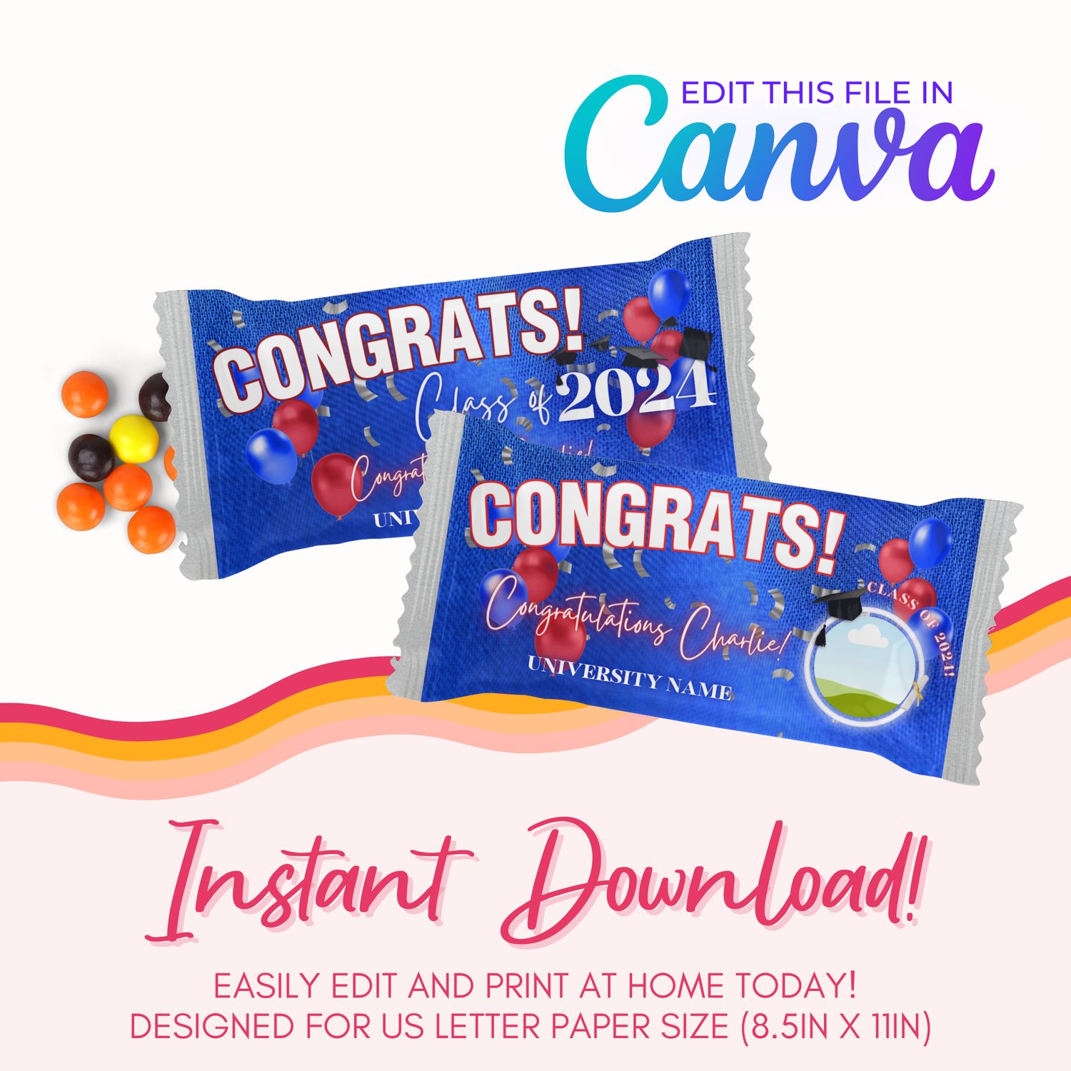 Graduation Rainbow Candy Canva Template: Blue, Red, &amp; Silver