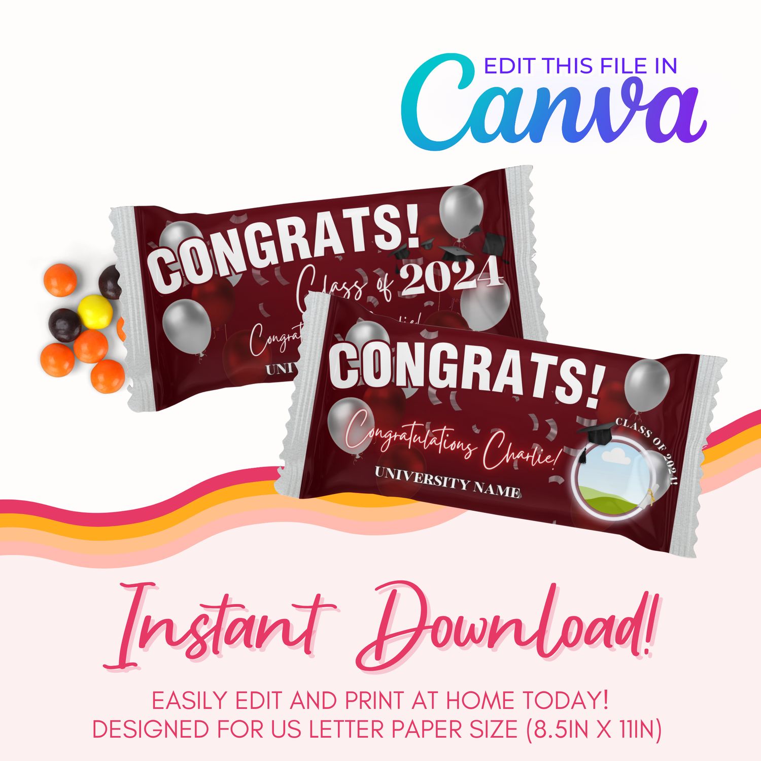 Graduation Rainbow Candy Canva Template: Burgundy &amp; Silver