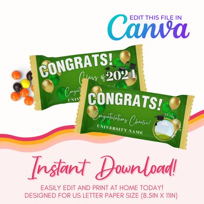 Graduation Rainbow Candy Canva Template: Green and Gold