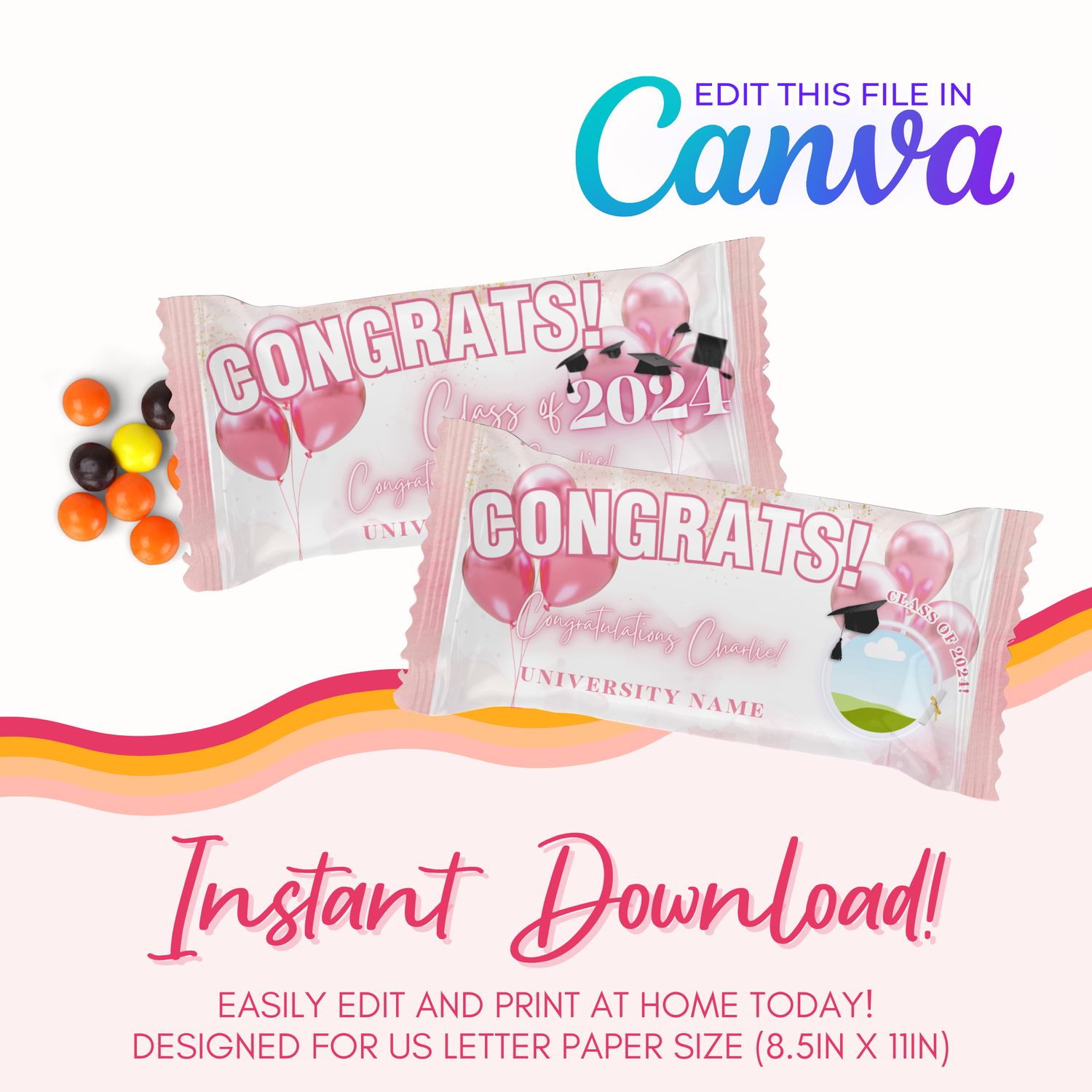 Graduation Rainbow Candy Canva Template: Light Pink