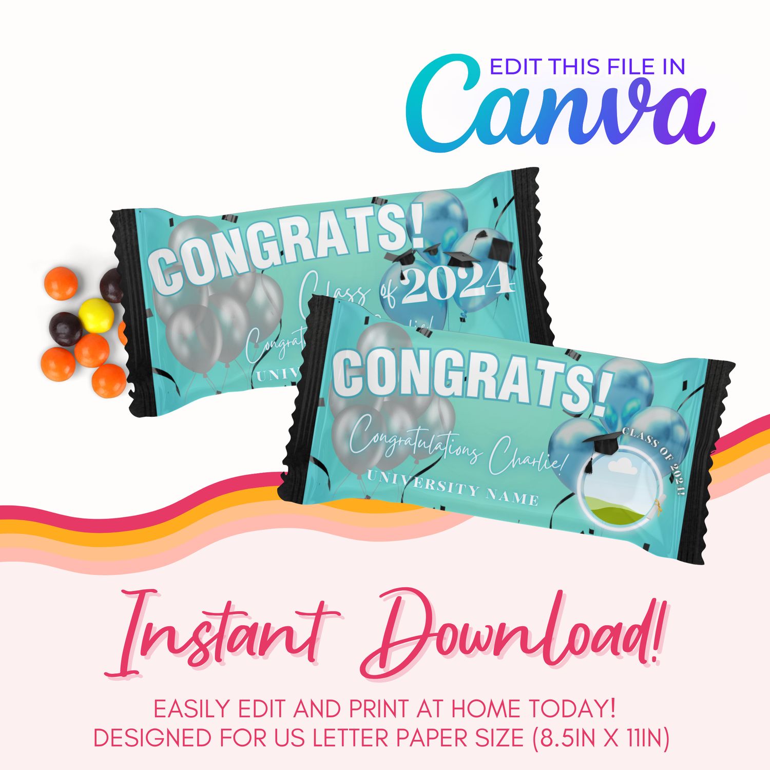 Graduation Rainbow Candy Canva Template: Teal &amp; Black