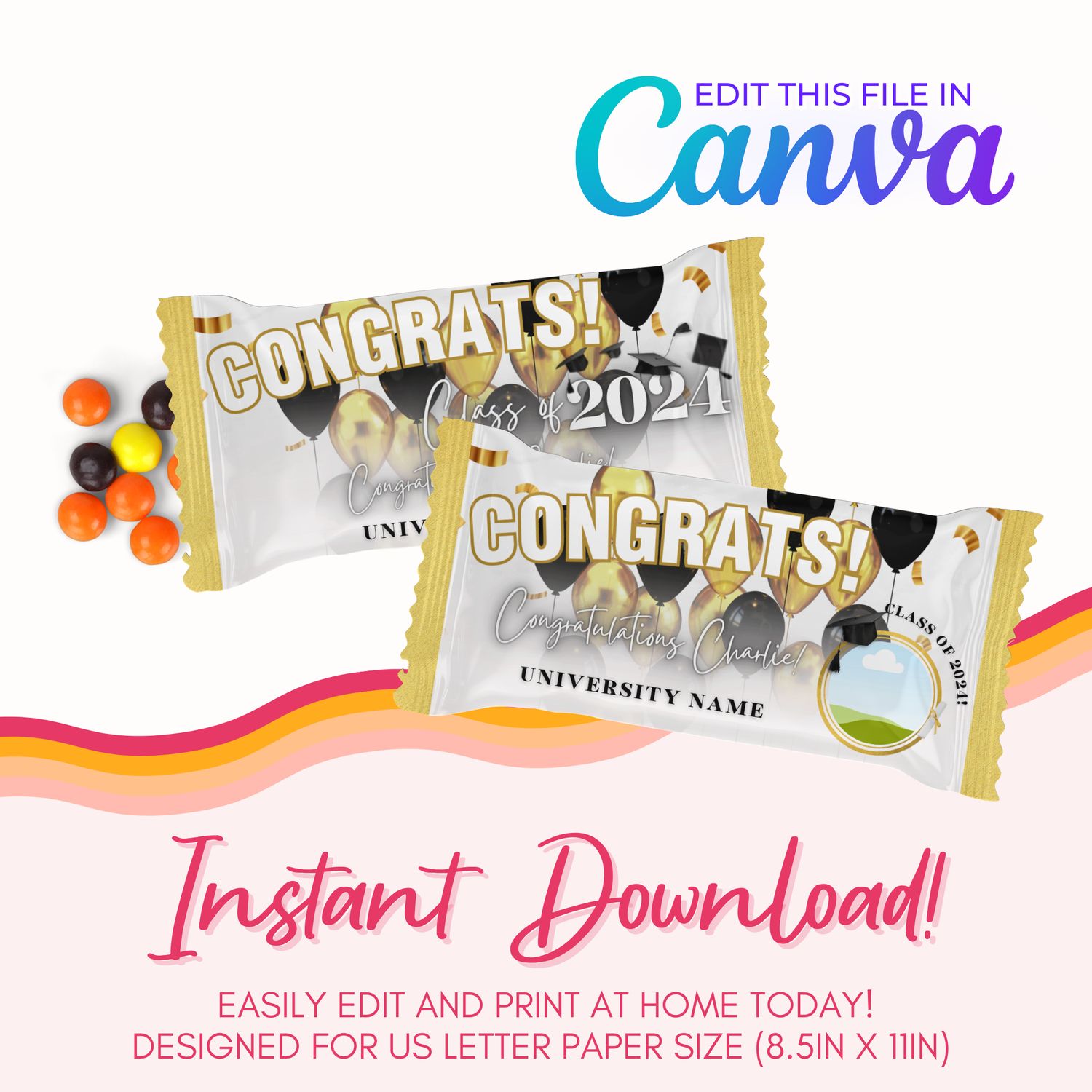 Graduation Rainbow Candy Canva Template: White &amp; Gold