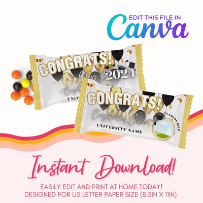 Graduation Rainbow Candy Canva Template: White &amp; Gold