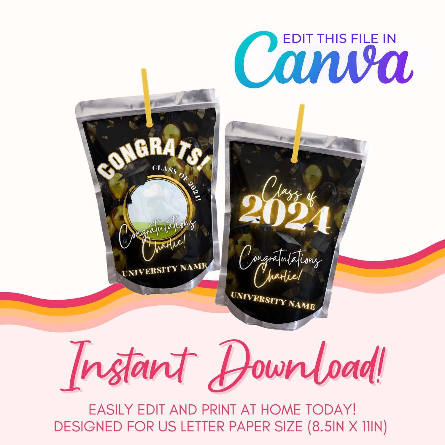 Graduation Juice Pouch Canva Template: Black &amp; Gold