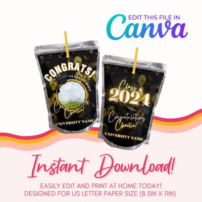 Graduation Juice Pouch Canva Template: Black &amp; Gold