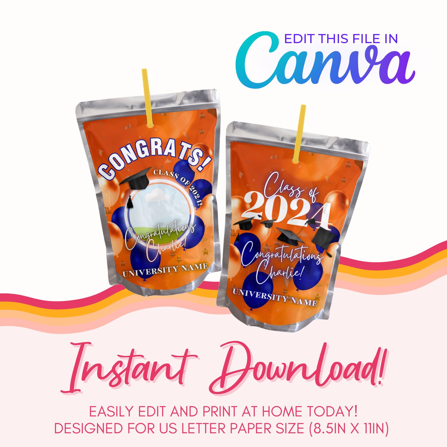 Graduation Juice Pouch Canva Template: Orange &amp; Blue