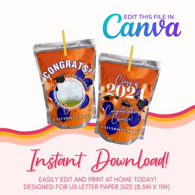 Graduation Juice Pouch Canva Template: Orange &amp; Blue