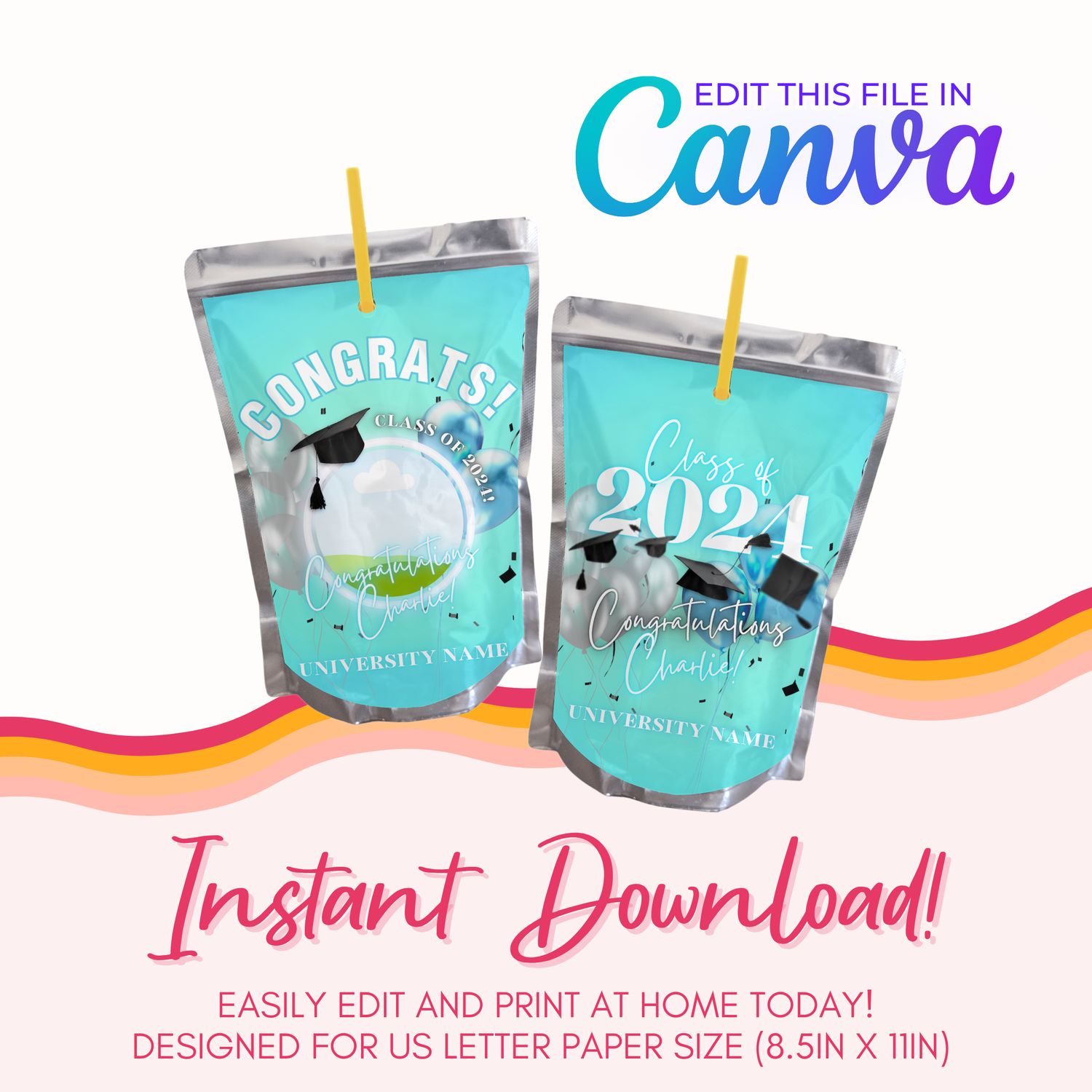 Graduation Juice Pouch Canva Template: Teal &amp; Black