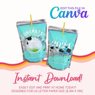 Graduation Juice Pouch Canva Template: Teal &amp; Black