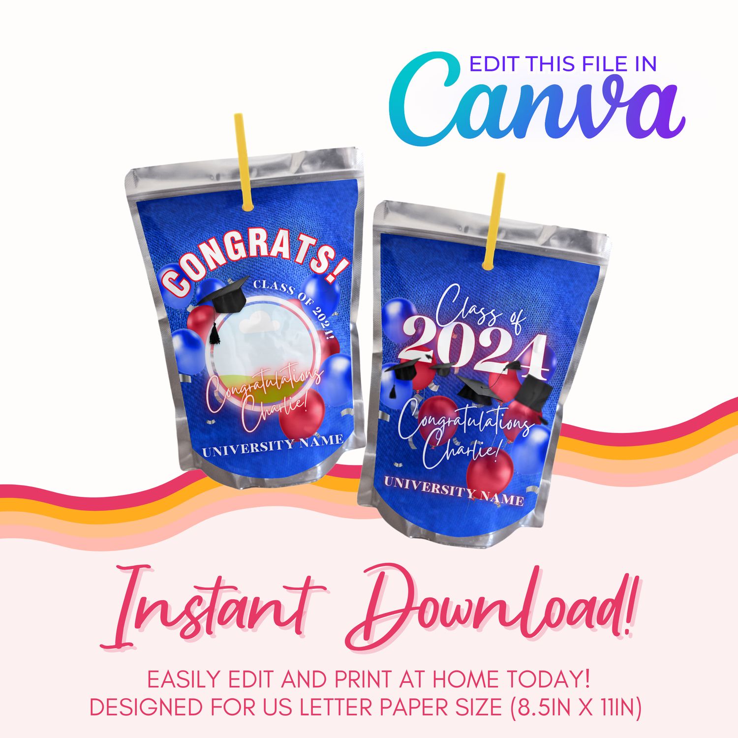 Graduation Juice Pouch Canva Template: Blue &amp; Red