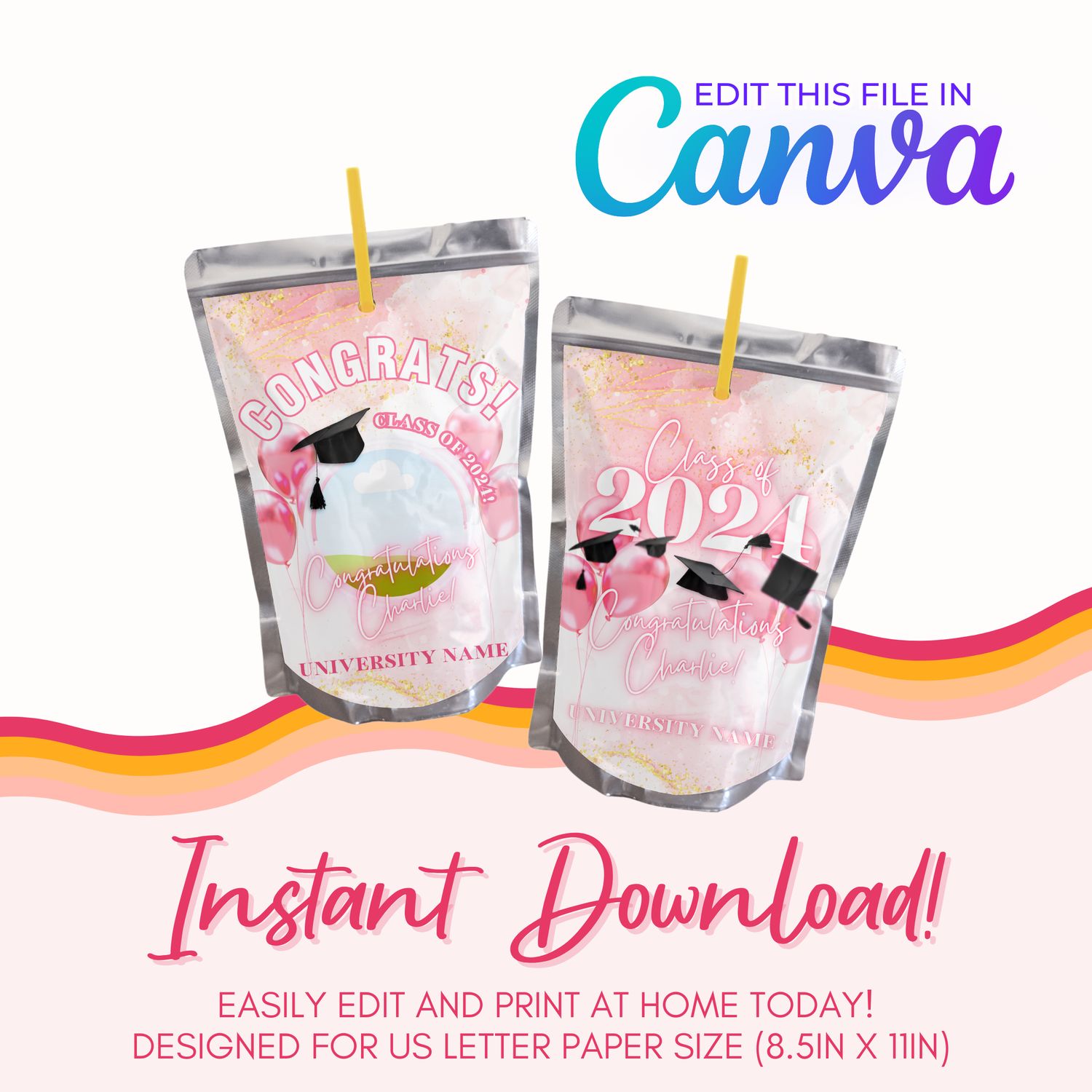 Graduation Juice Pouch Canva Template: Light Pink