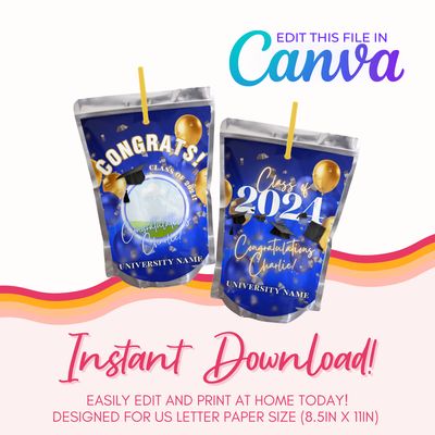 Graduation Juice Pouch Canva Template: Blue &amp; Gold