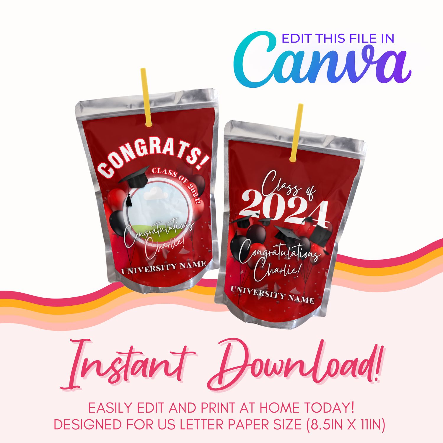 Graduation Juice Pouch Canva Template: Red &amp; Black