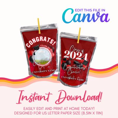 Graduation Juice Pouch Canva Template: Red &amp; Black