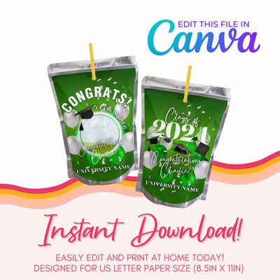 Graduation Juice Pouch Canva Template: Green &amp; Silver